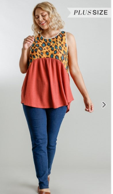 Animal Print Waffle Knit Babydoll Tank Top with Lace Trim Detail