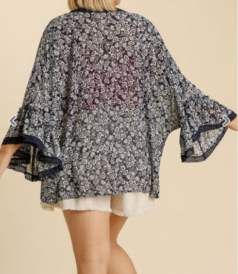 Floral Print Long Bell Sleeve Lace Trimmed Open Front Kimono
