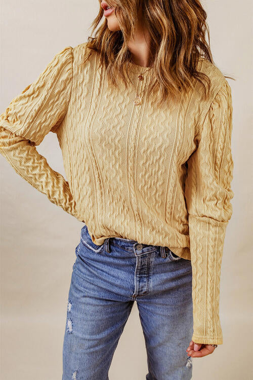 Cable-Knit Round Neck Long Sleeve Blouse